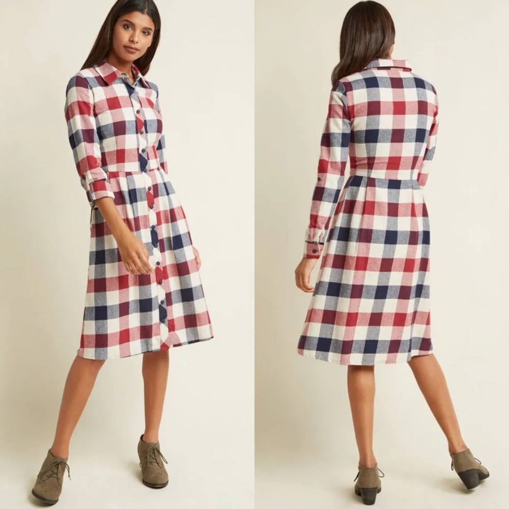 Plaid Button-Front Shirt Dress in Red, Navy & White